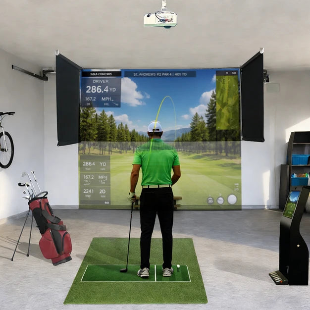Opulent Motorized Retractable Golf Simulator Enclosure – Remote-Controlled Indoor Golf System